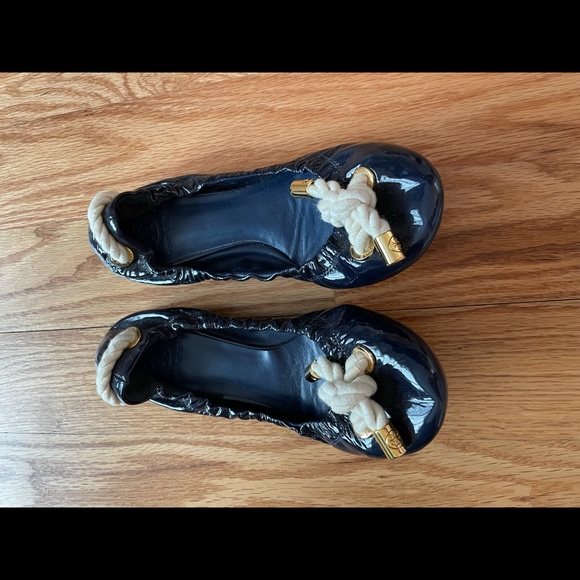 Tory Burch Blue Eddie Patent Leather Slip On Ballet Rope Detail Flats - Picture 2 of 5